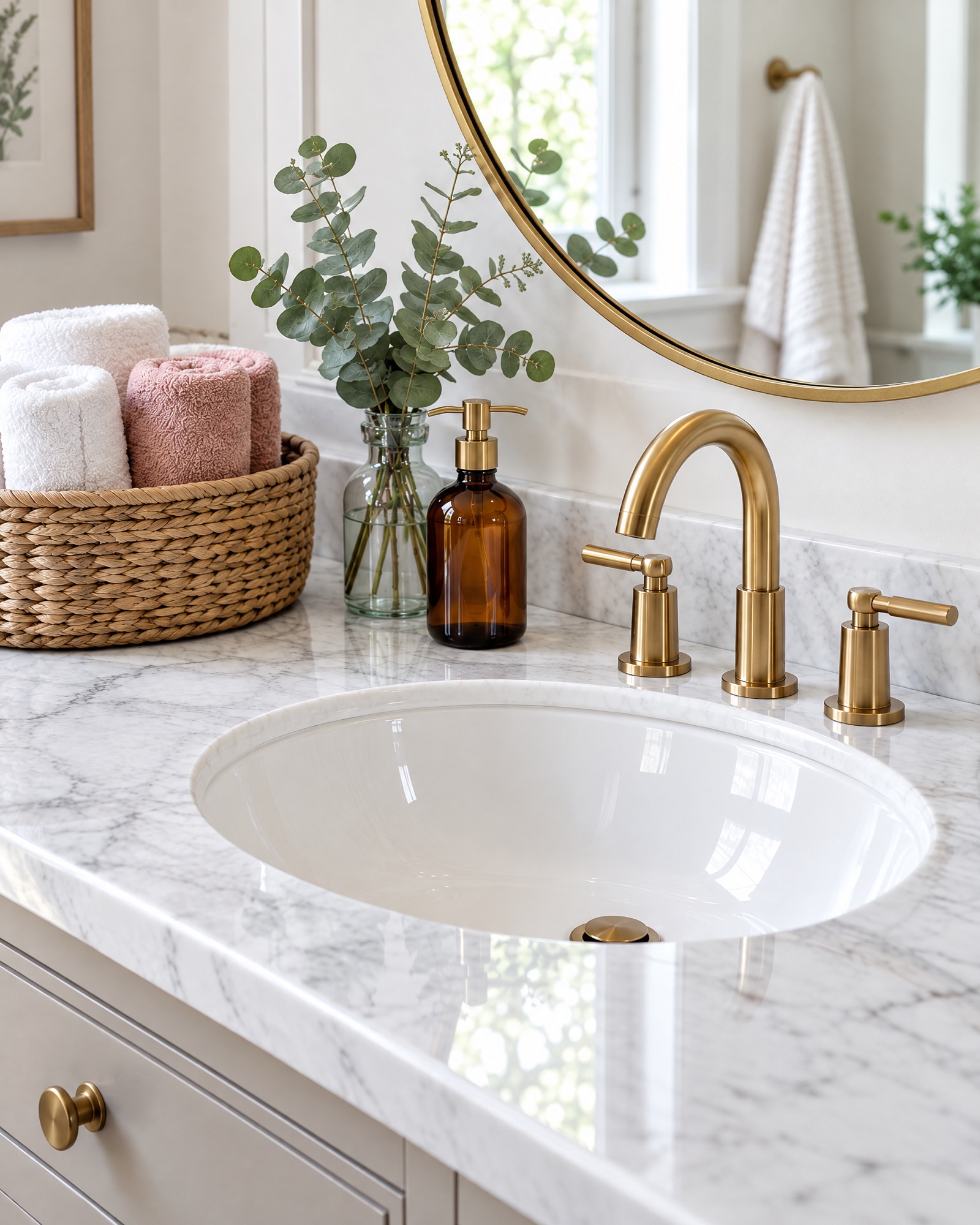 A spotless marble bathroom vanity with a brass faucet, rolled towels and eucalyptus