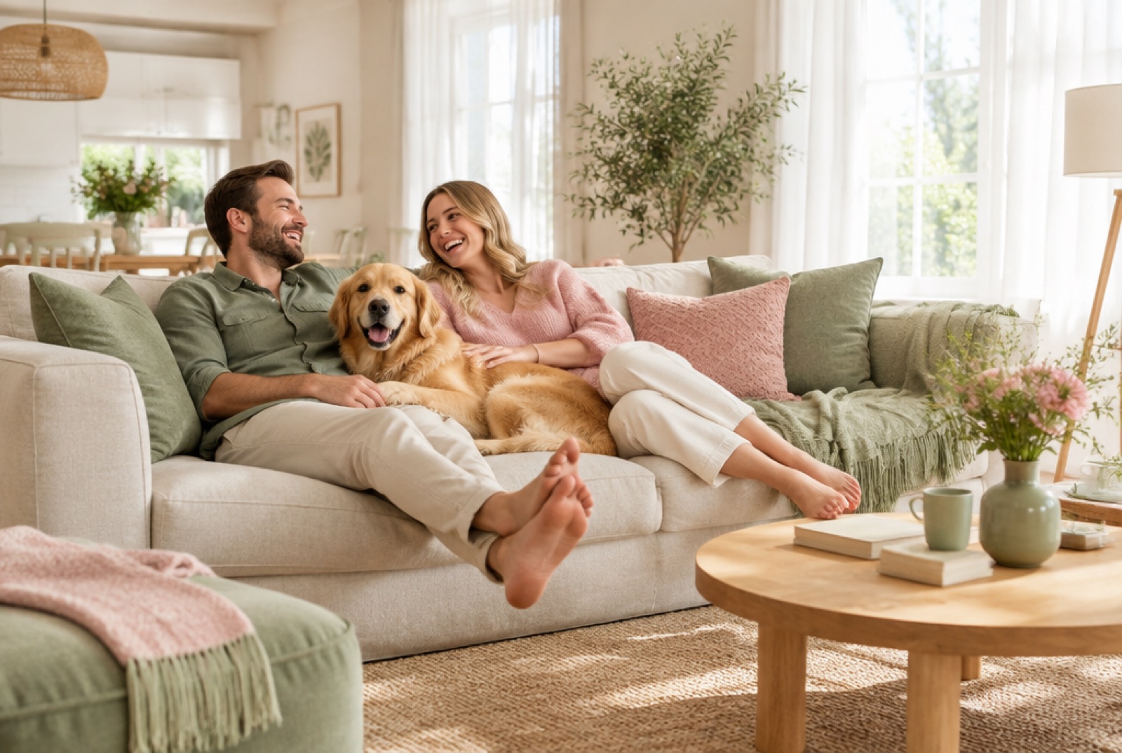 Homeowners relaxing with their dog in a freshly cleaned living room