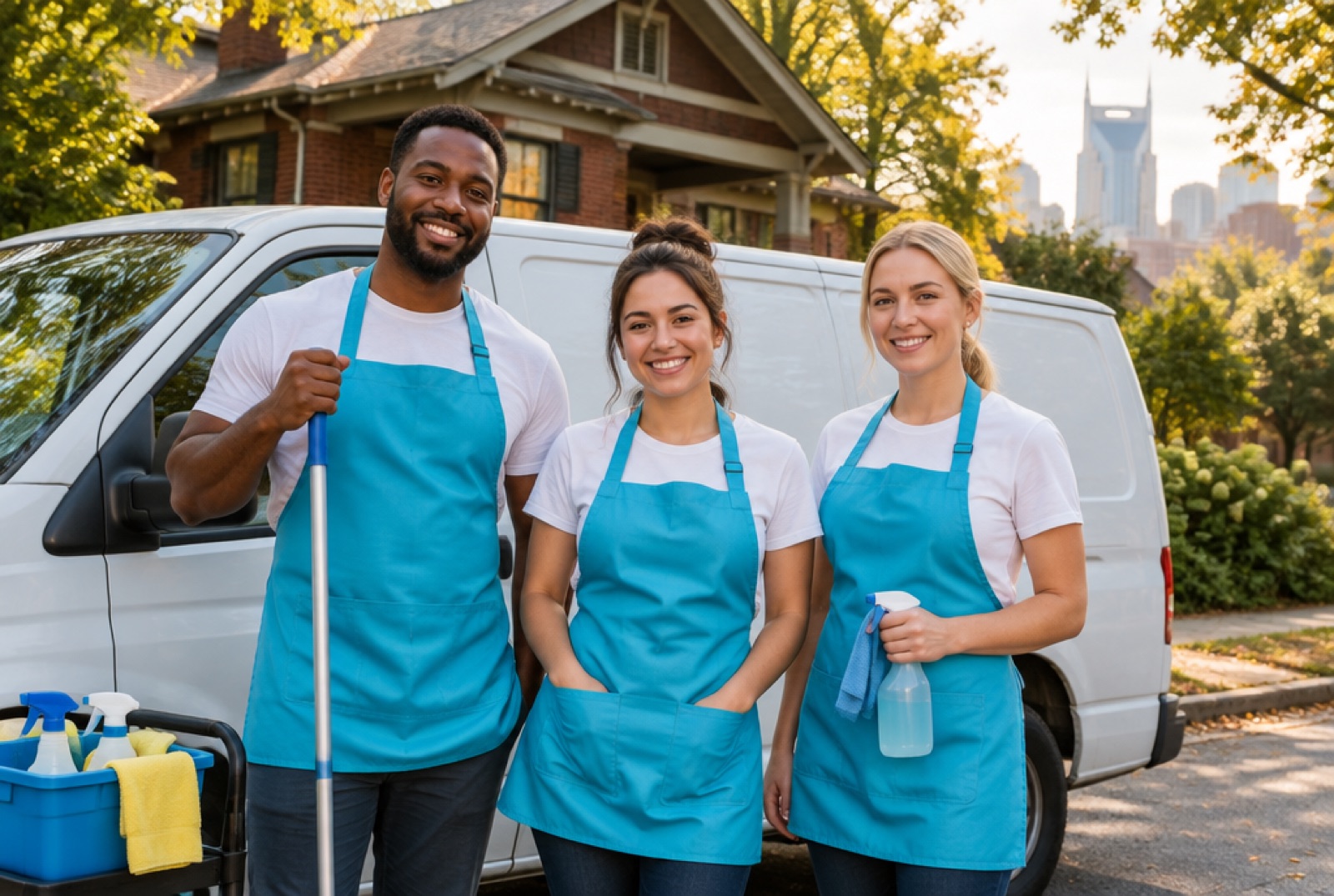 The ShineNova cleaning team in turquoise aprons in front of their van on a Nashville street